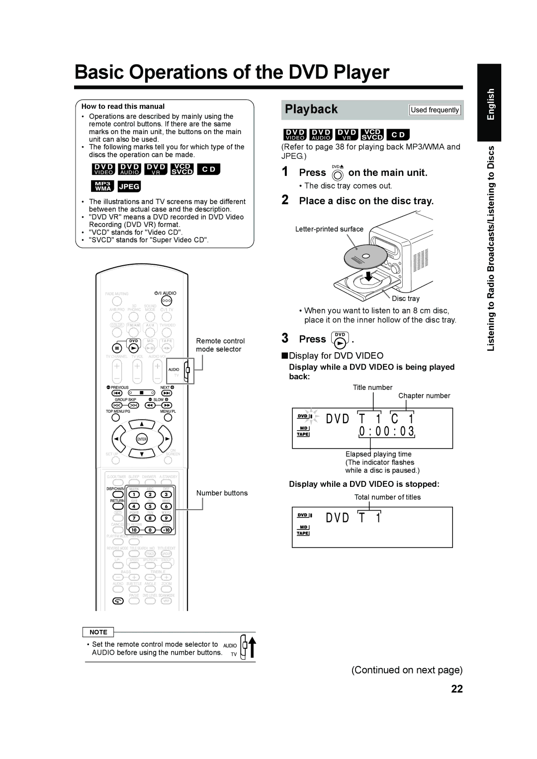 JVC UX-QD70S, UX-QD70W Basic Operations of the DVD Player, Playback, Press on the main unit, Place a disc on the disc tray 