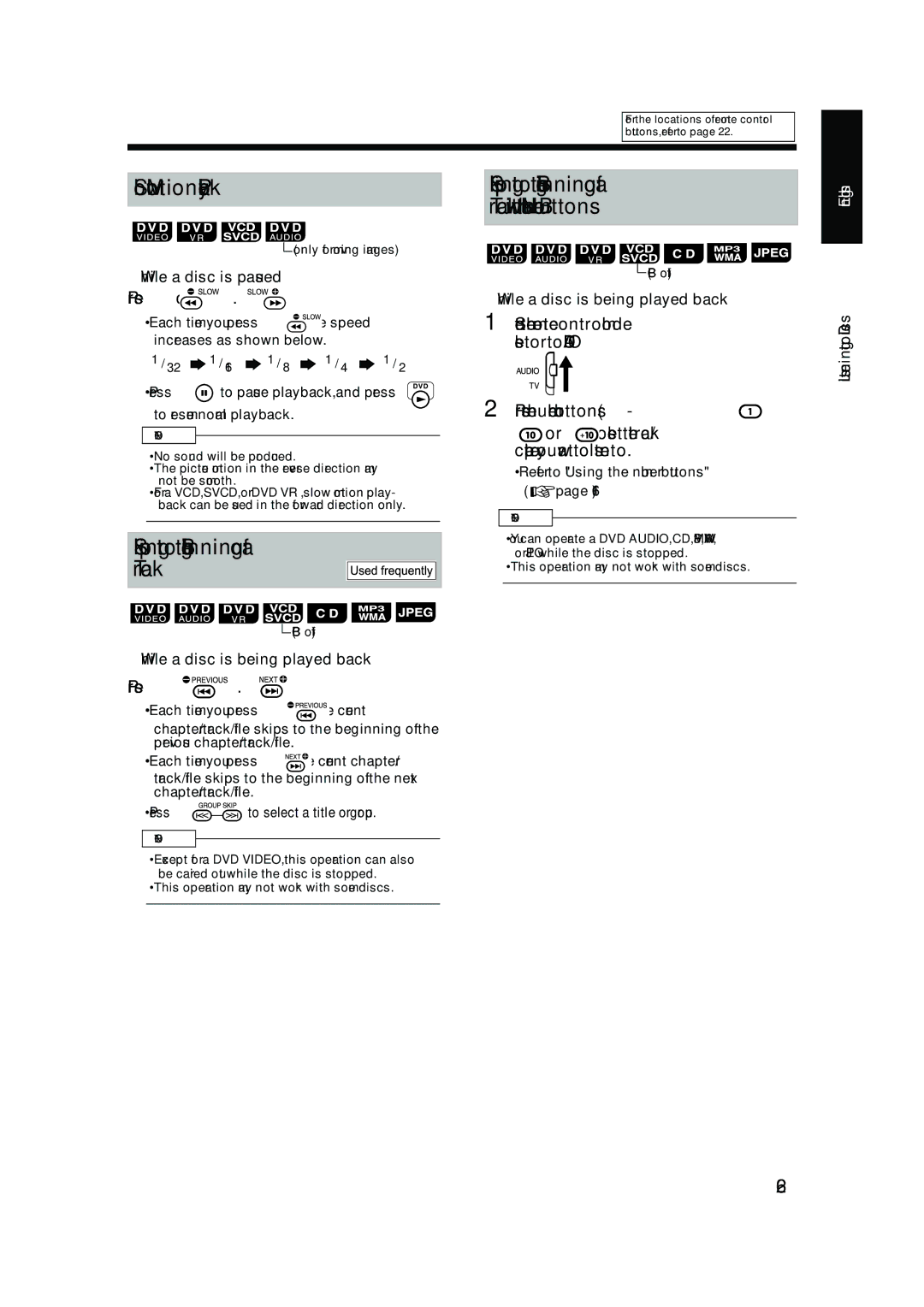 JVC UX-QD70S, UX-QD70W manual Slow Motion Playback, Skipping to the Beginning of a Track, Refer to Using the number buttons 