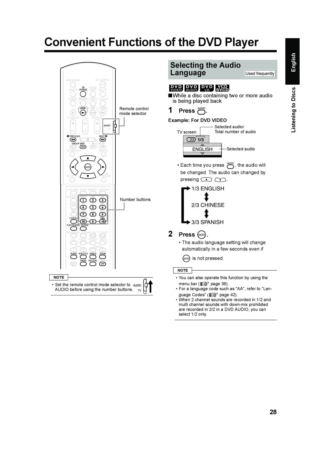 JVC UX-QD70S Convenient Functions of the DVD Player, Selecting the Audio Language, Example For DVD Video, Is not pressed 