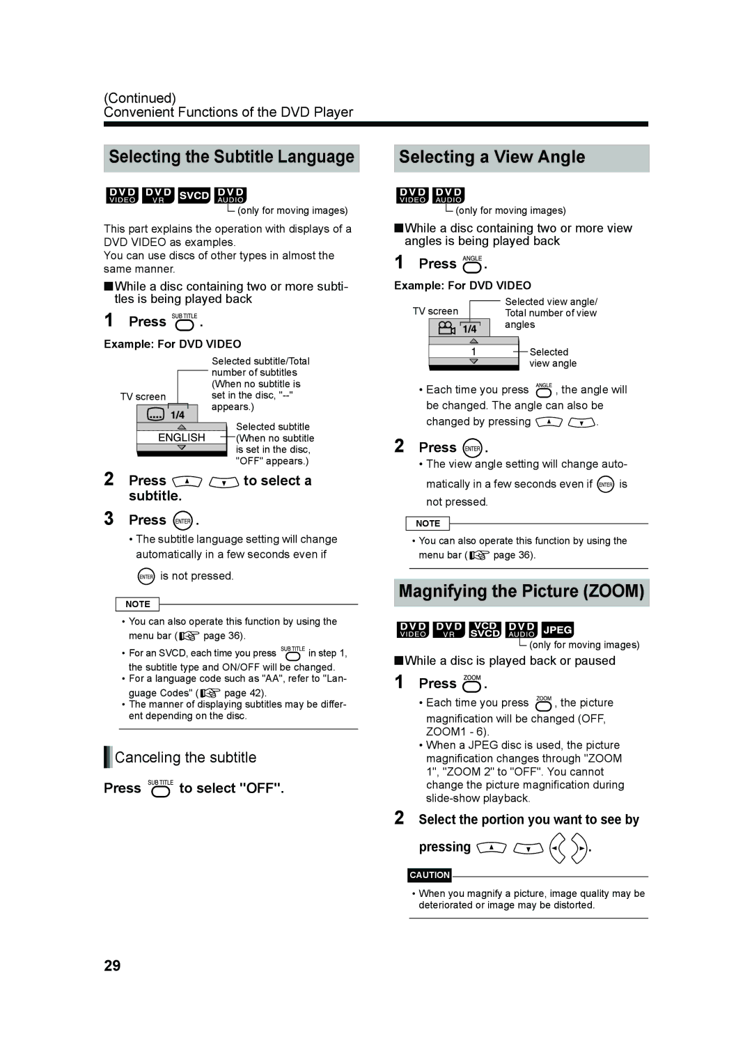 JVC UX-QD70W Selecting the Subtitle Language, Selecting a View Angle, Magnifying the Picture Zoom, Canceling the subtitle 