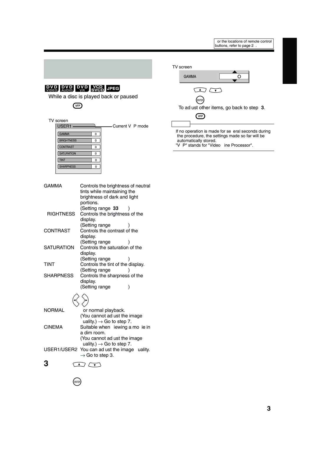 JVC UX-QD70S manual Adjusting the Picture Quality VFP, Press To select VFP mode, Press to select an item you want to adjust 