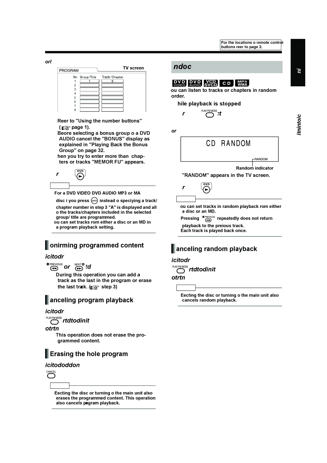 JVC UX-QD70S manual Random Playback, Confirming programmed content, Canceling program playback, Erasing the whole program 