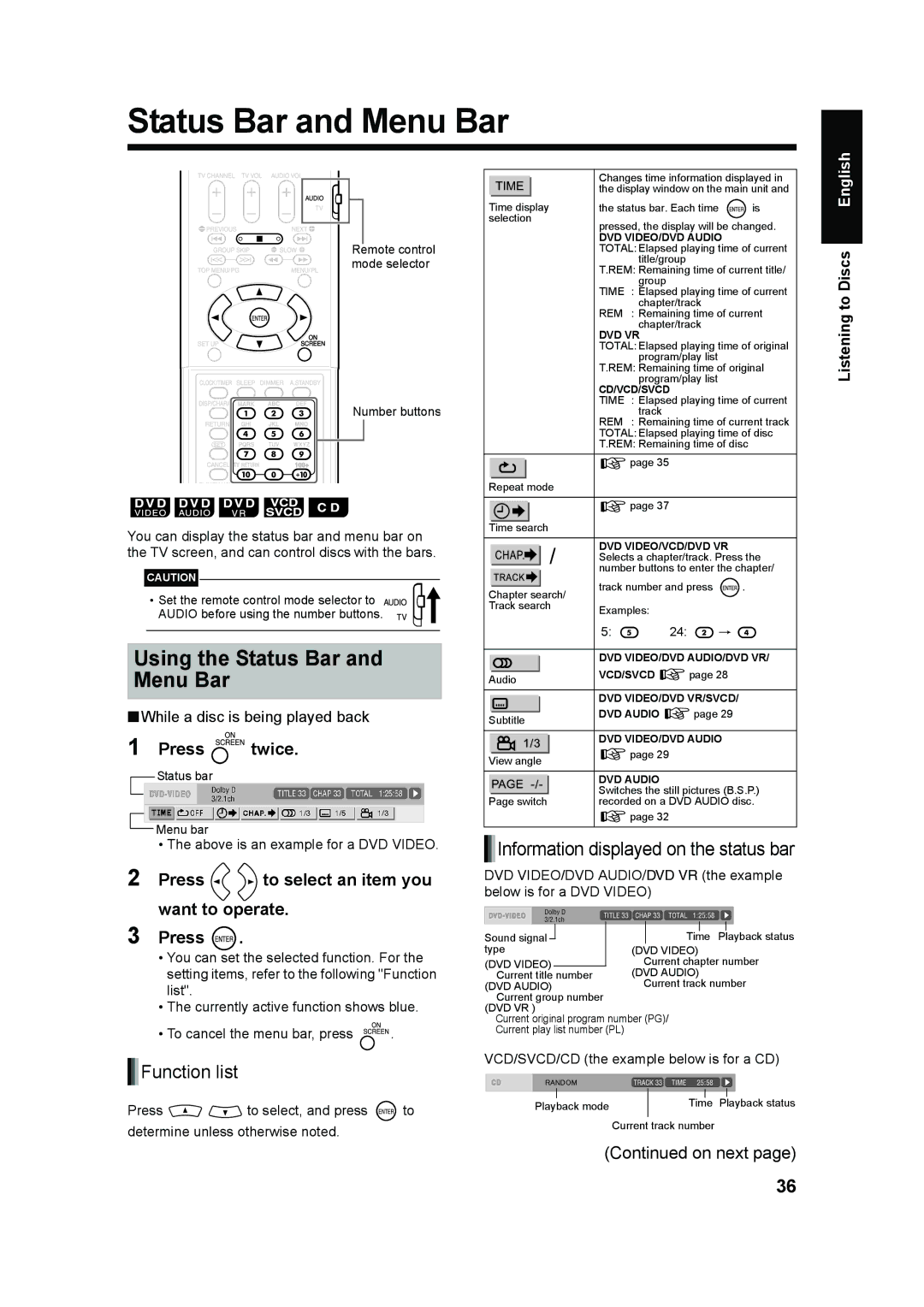 JVC UX-QD70S, UX-QD70W manual Using the Status Bar and Menu Bar, Function list, Information displayed on the status bar 