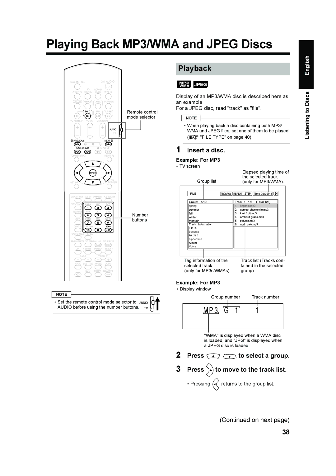 JVC UX-QD70S Playing Back MP3/WMA and Jpeg Discs, Press to select a group Press to move to the track list, Example For MP3 