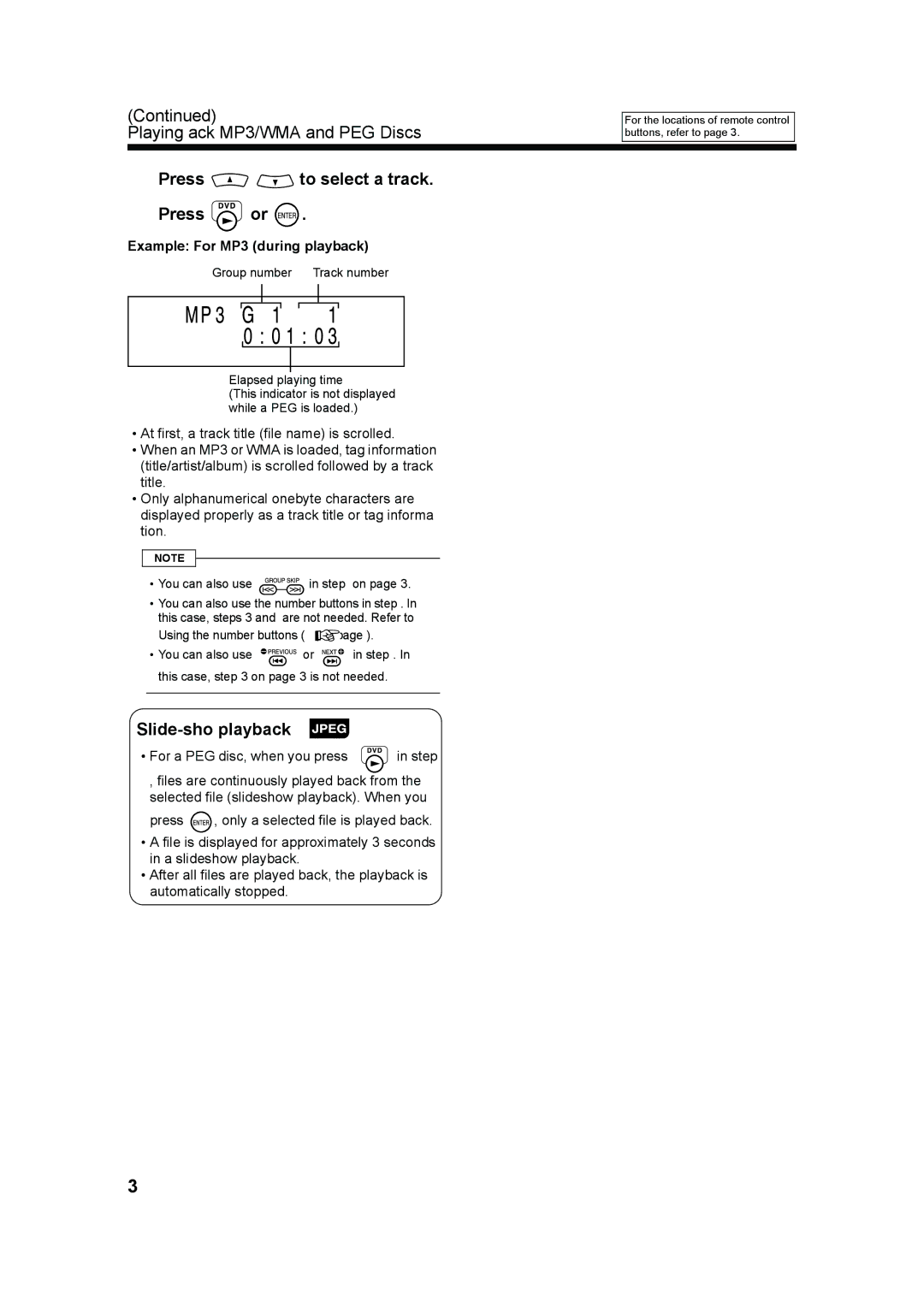 JVC UX-QD70W, UX-QD70S manual Press to select a track Press or, Slide-show playback, Example For MP3 during playback 