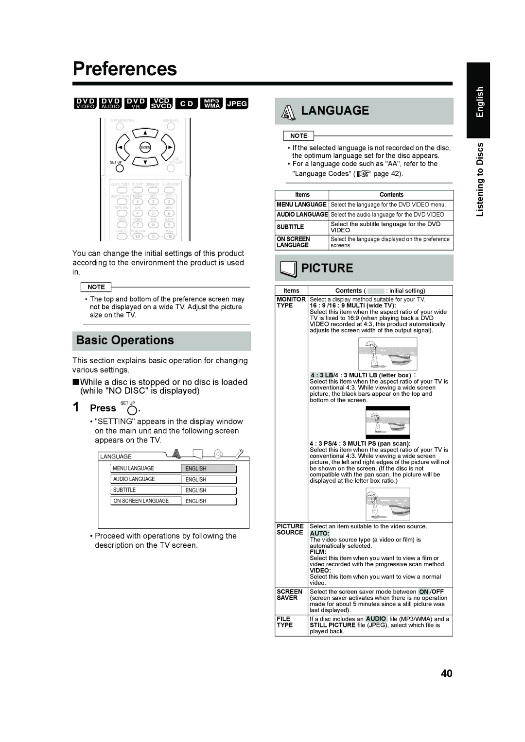 JVC UX-QD70S, UX-QD70W manual Preferences, Basic Operations 