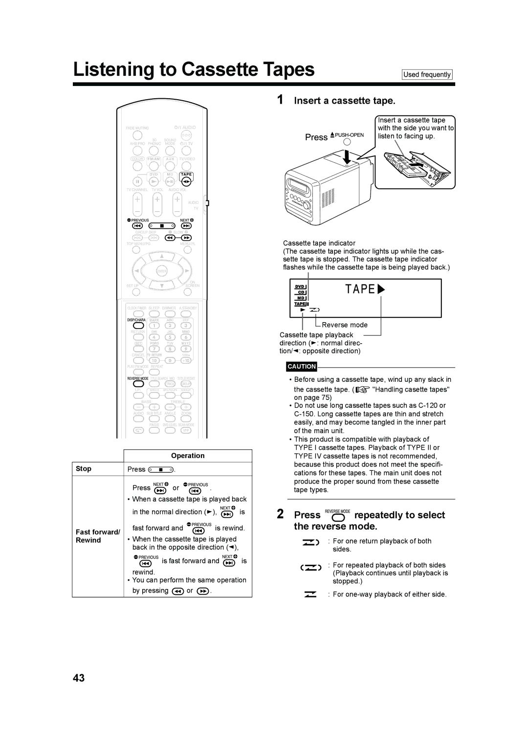 JVC UX-QD70W, UX-QD70S Listening to Cassette Tapes, Insert a cassette tape, Press repeatedly to select the reverse mode 