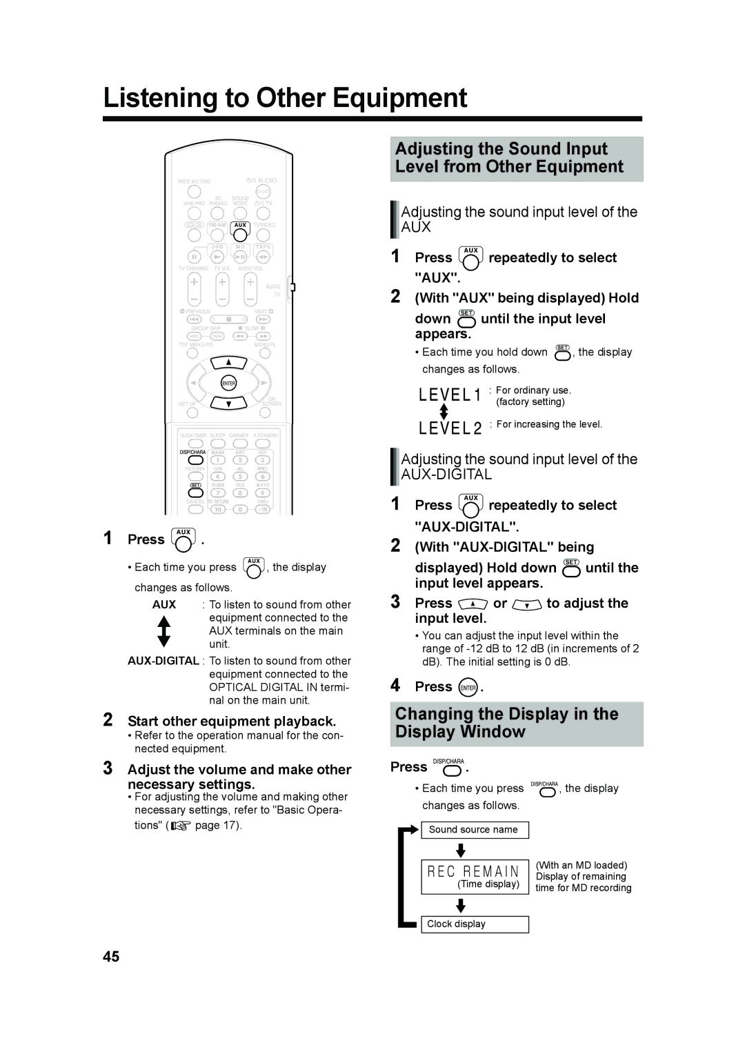 JVC UX-QD70W, UX-QD70S manual Listening to Other Equipment, Adjusting the sound input level, Tions 