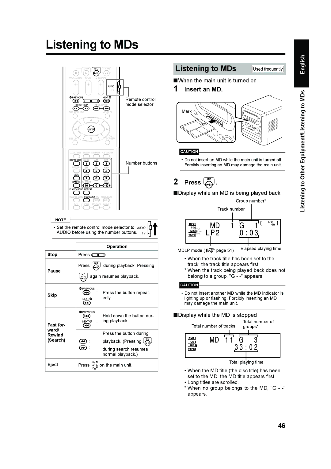 JVC UX-QD70S, UX-QD70W manual Listening to MDs, Insert an MD 