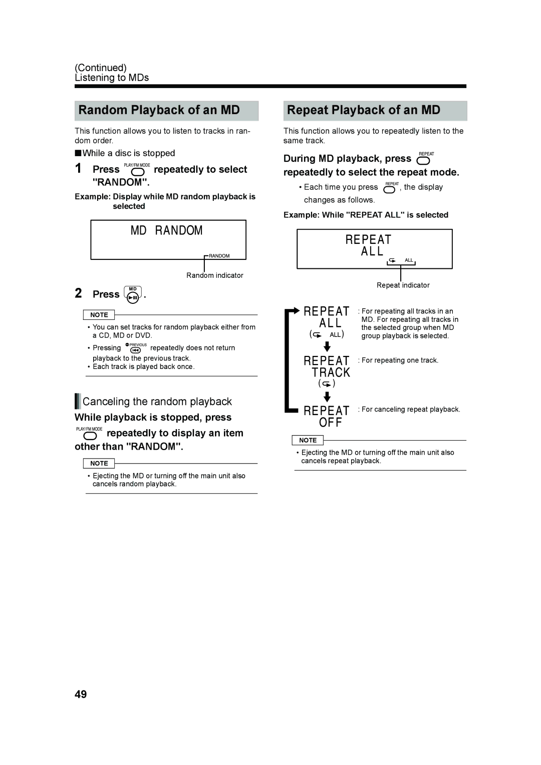 JVC UX-QD70W, UX-QD70S manual Random Playback of an MD, Repeat Playback of an MD, Canceling the random playback 