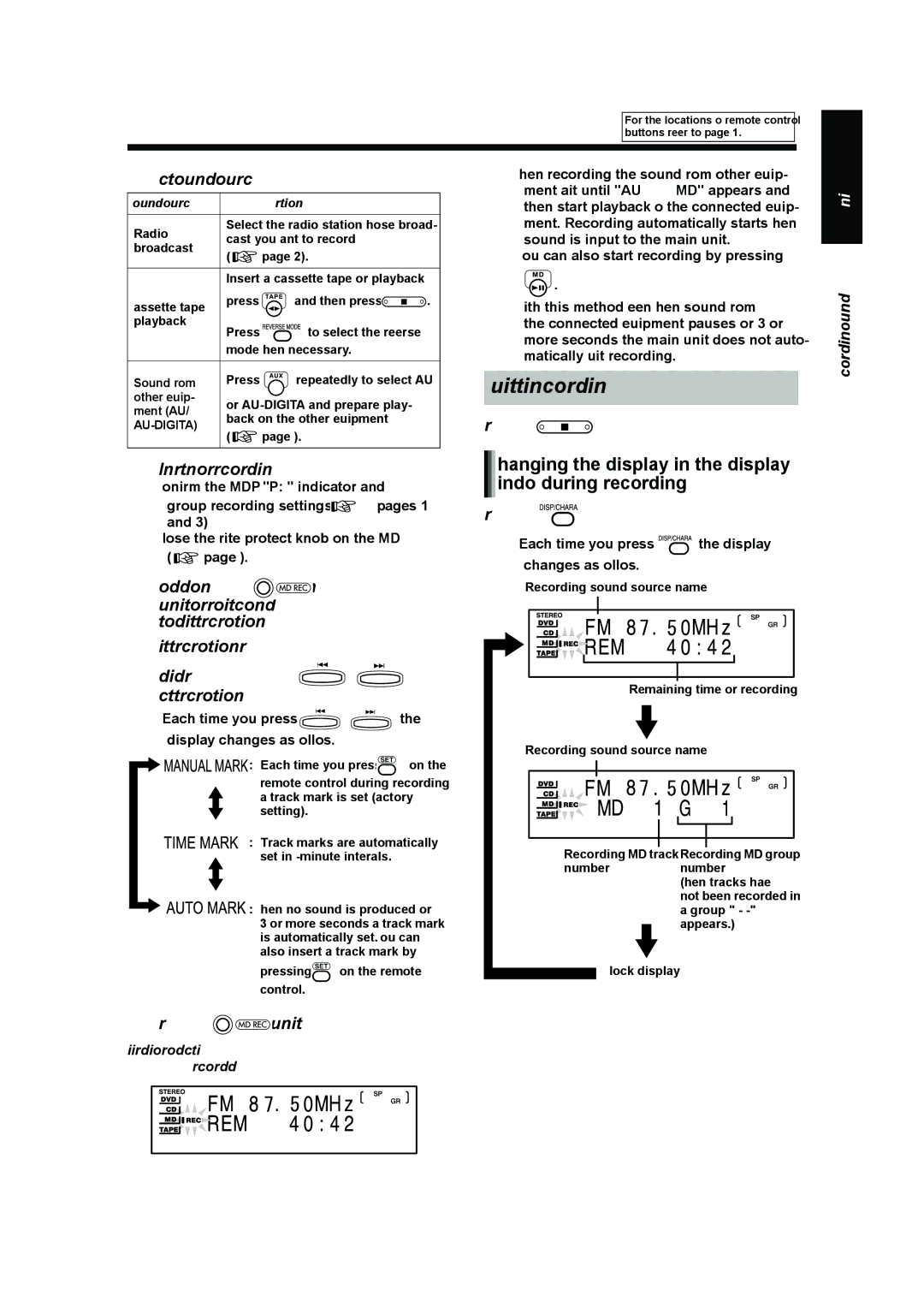 JVC UX-QD70S manual Select a sound source, Insert an MD for recording, Example Display while FM radio broadcast is recorded 