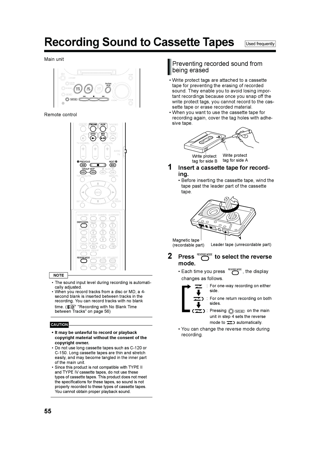 JVC UX-QD70W, UX-QD70S manual Recording Sound to Cassette Tapes, Preventing recorded sound from being erased, Ing 