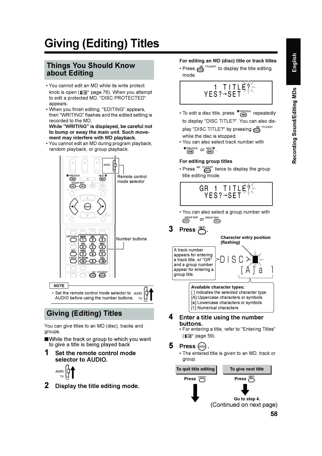 JVC UX-QD70S, UX-QD70W Giving Editing Titles, Things You Should Know about Editing, Enter a title using the number buttons 