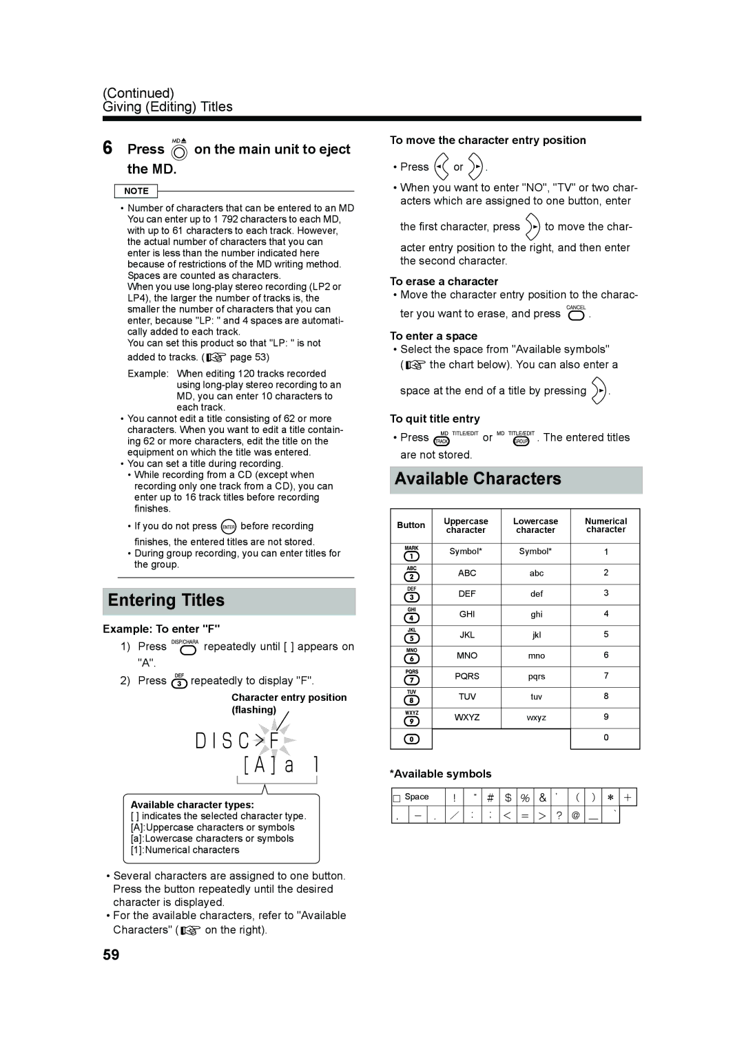 JVC UX-QD70W, UX-QD70S manual Entering Titles, Available Characters, Press on the main unit to eject the MD 