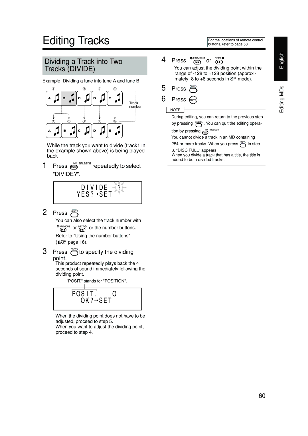 JVC UX-QD70S manual Editing Tracks, Dividing a Track into Two Tracks Divide, Press repeatedly to select DIVIDE? Press or 