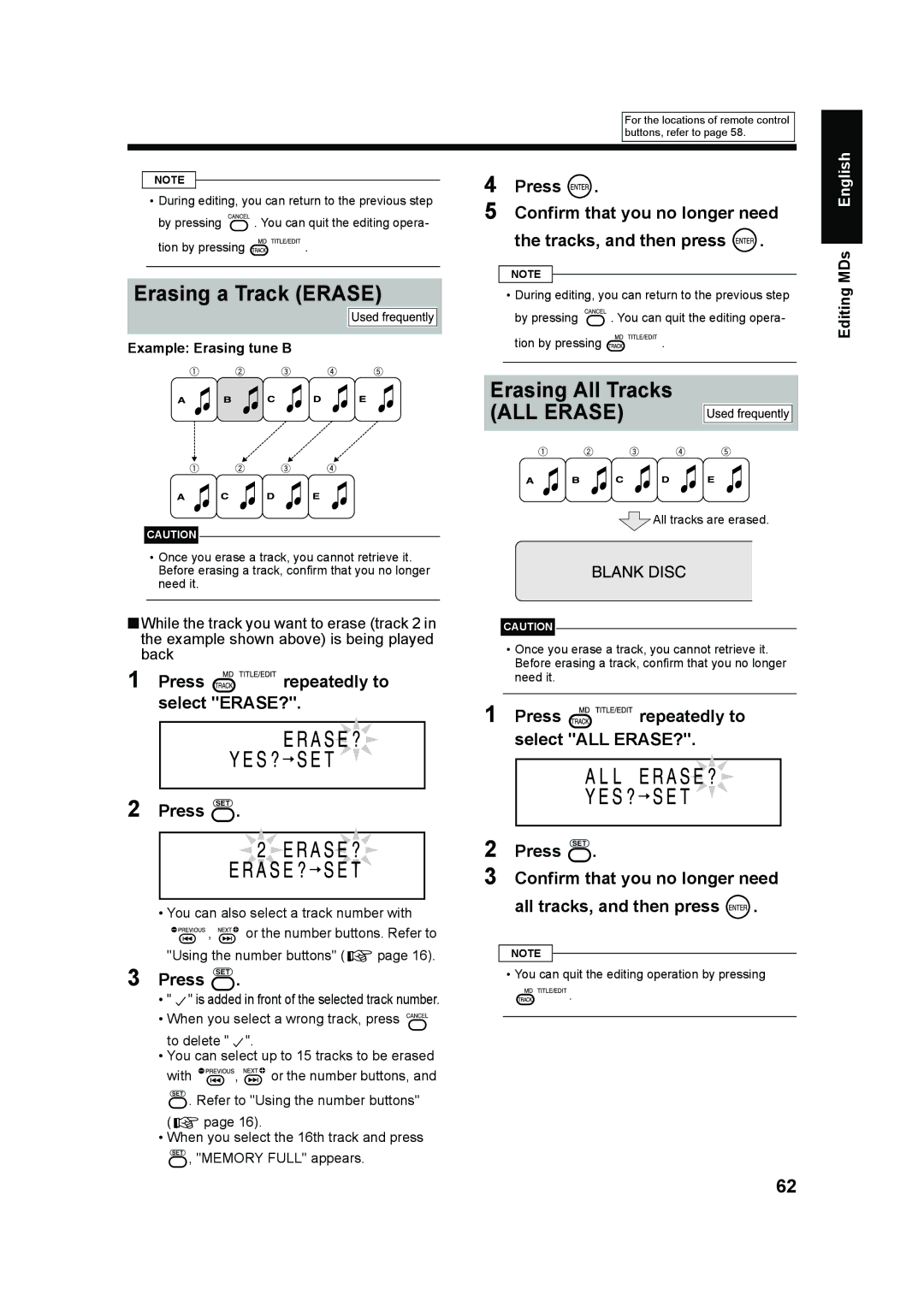 JVC UX-QD70S, UX-QD70W manual Erasing a Track Erase, Press repeatedly to select ERASE?, Example Erasing tune B 