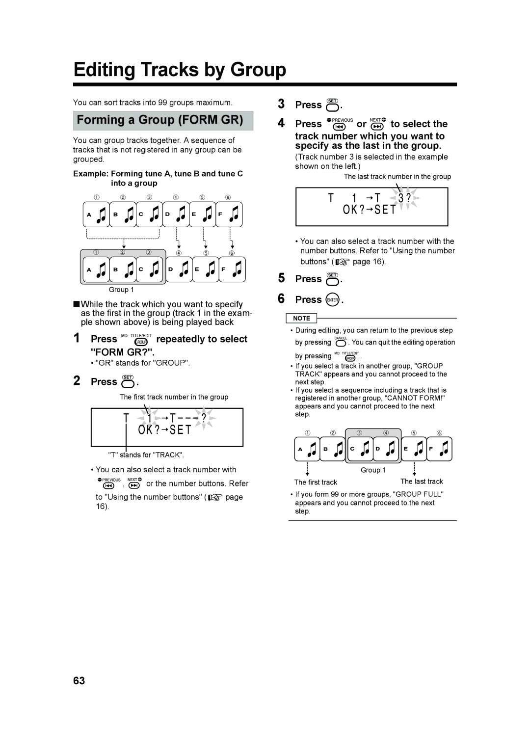 JVC UX-QD70W, UX-QD70S manual Editing Tracks by Group, Forming a Group Form GR, Press repeatedly to select Form GR? 