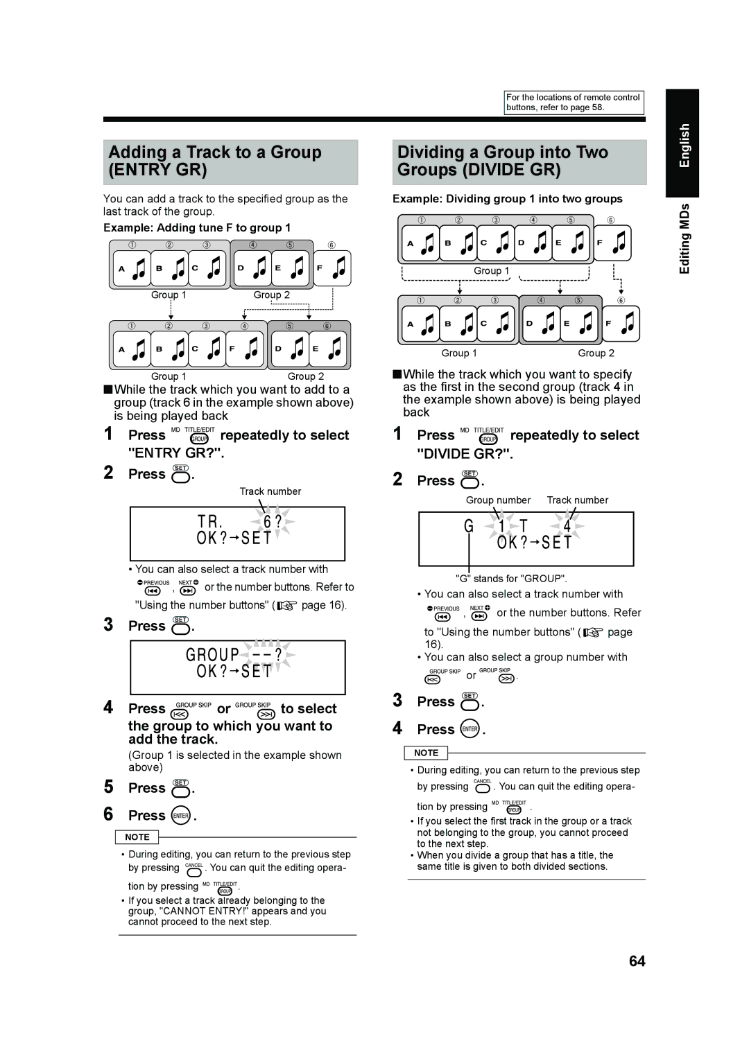 JVC UX-QD70S, UX-QD70W manual Adding a Track to a Group Entry GR, Dividing a Group into Two Groups Divide GR 