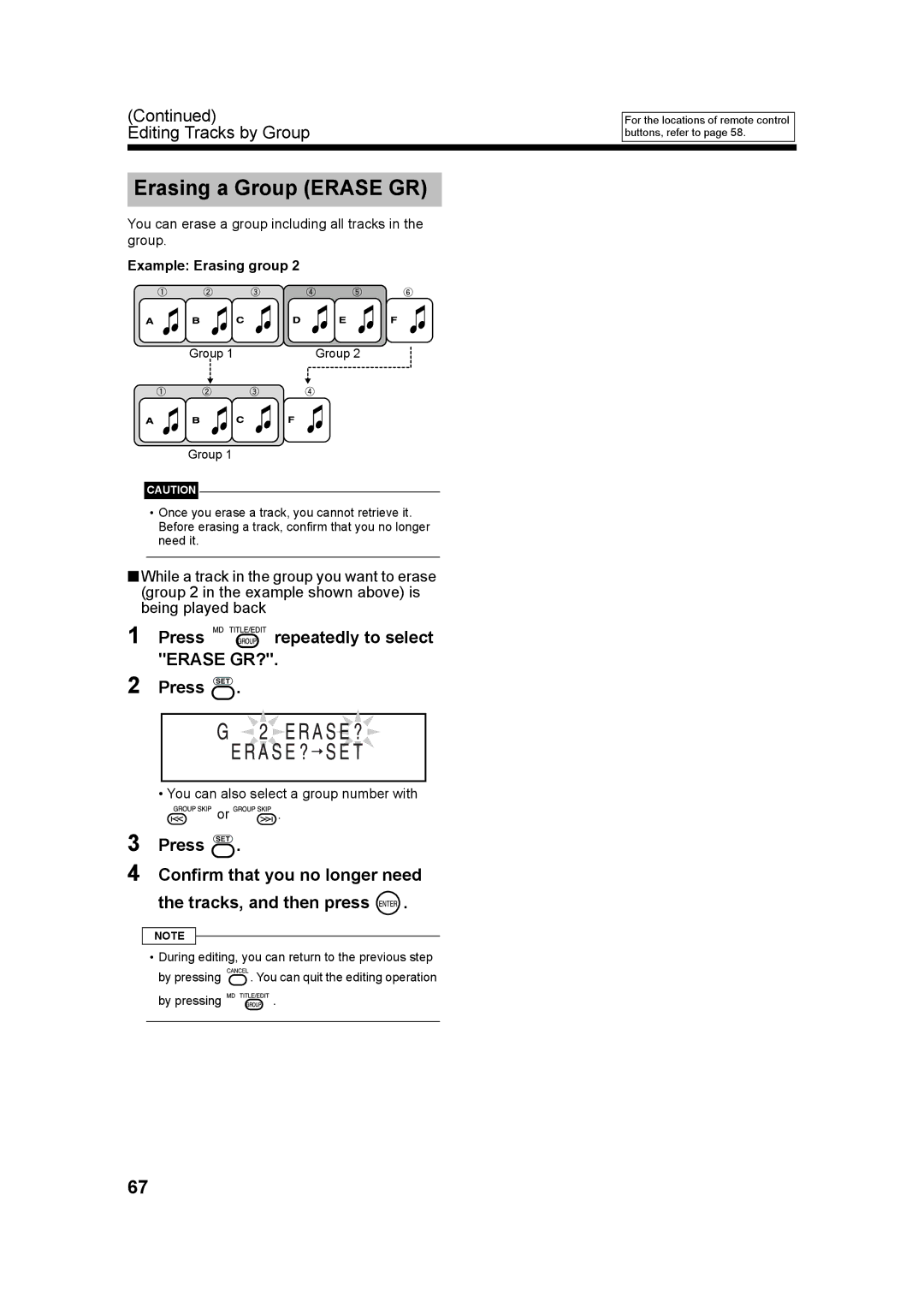 JVC UX-QD70W, UX-QD70S manual Erasing a Group Erase GR, Press repeatedly to select Erase GR?, Example Erasing group 