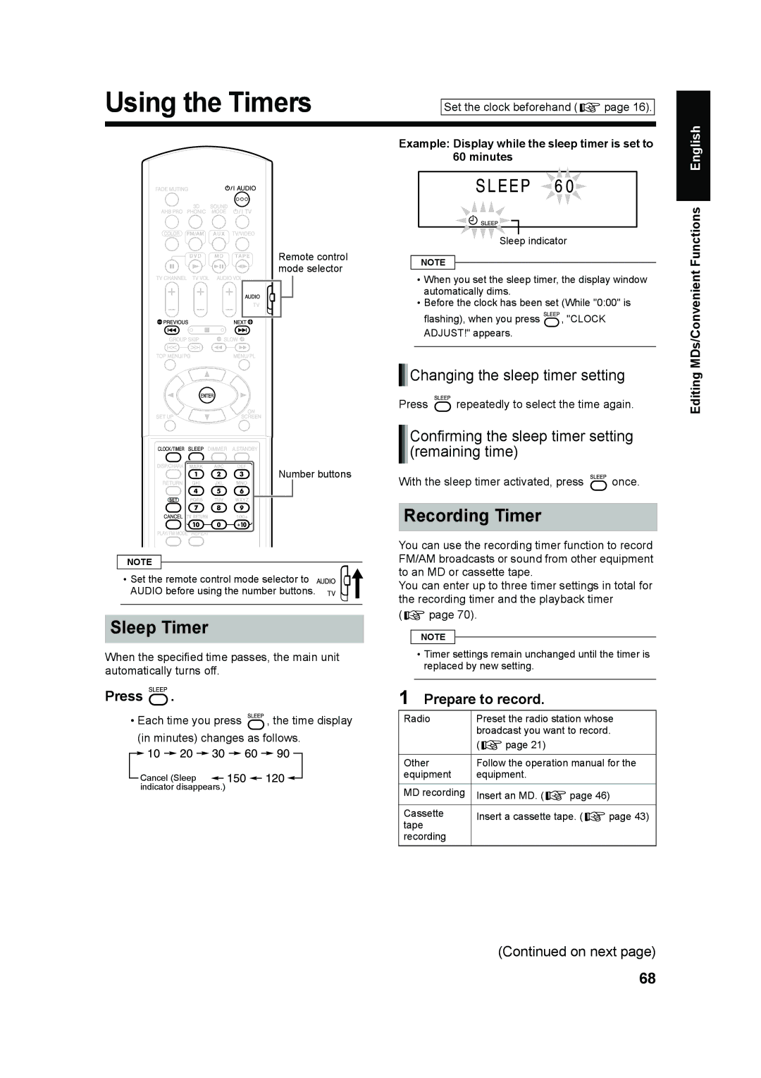 JVC UX-QD70S, UX-QD70W manual Using the Timers, Sleep Timer, Recording Timer, Changing the sleep timer setting 