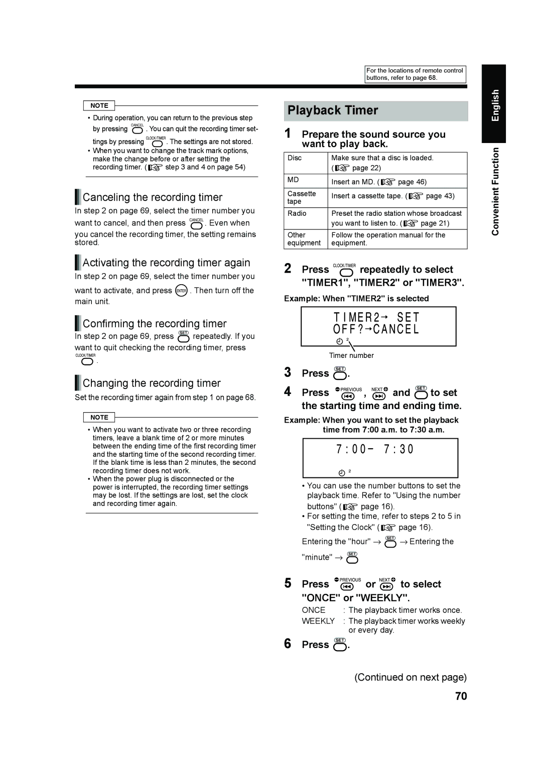 JVC UX-QD70S, UX-QD70W manual Playback Timer, Canceling the recording timer, Activating the recording timer again 