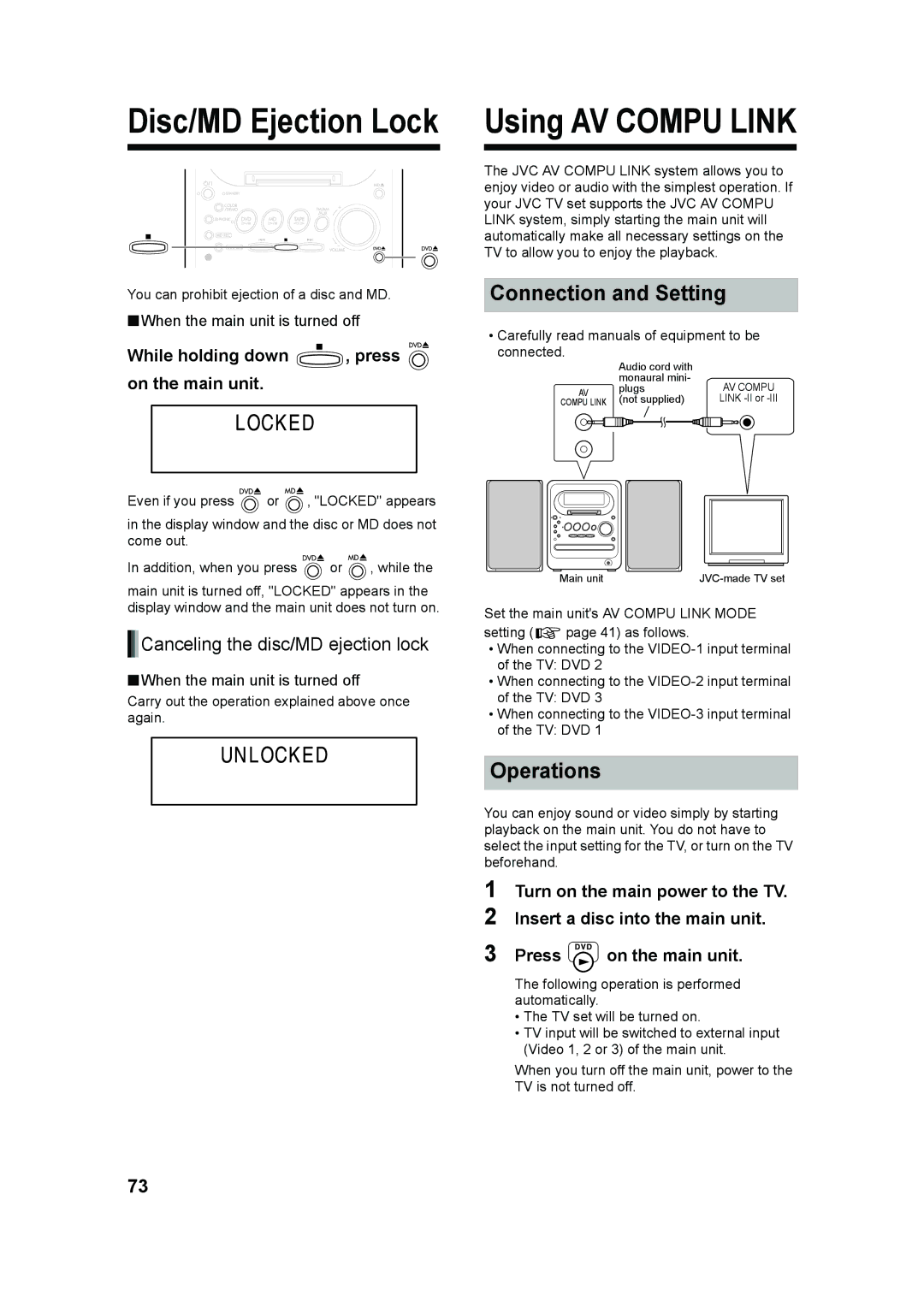 JVC UX-QD70W, UX-QD70S manual Using AV Compu Link, Connection and Setting, Operations, Canceling the disc/MD ejection lock 