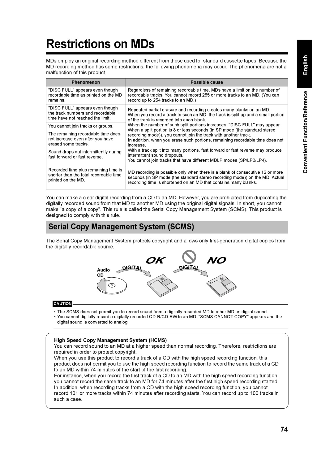 JVC UX-QD70S, UX-QD70W Restrictions on MDs, Serial Copy Management System Scms, High Speed Copy Management System Hcms 