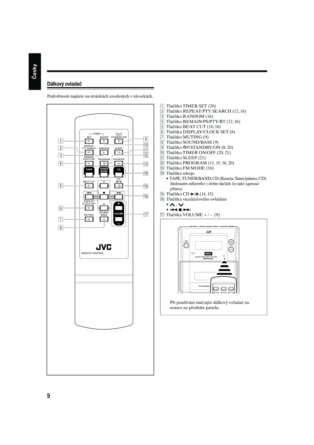 JVC UX-S10 manual Dálkový ovladač 