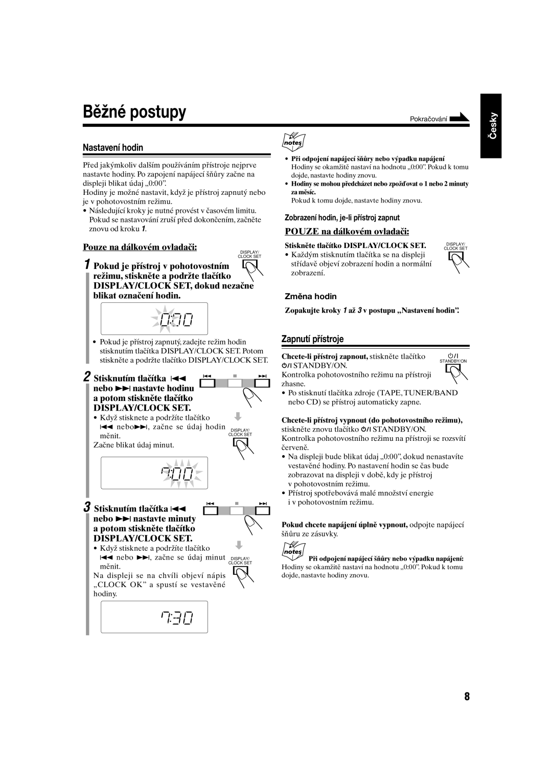 JVC UX-S10 manual Běžné postupy, Nastavení hodin, Zapnutí přístroje, Pouze na dálkovém ovladači, Blikat označení hodin 