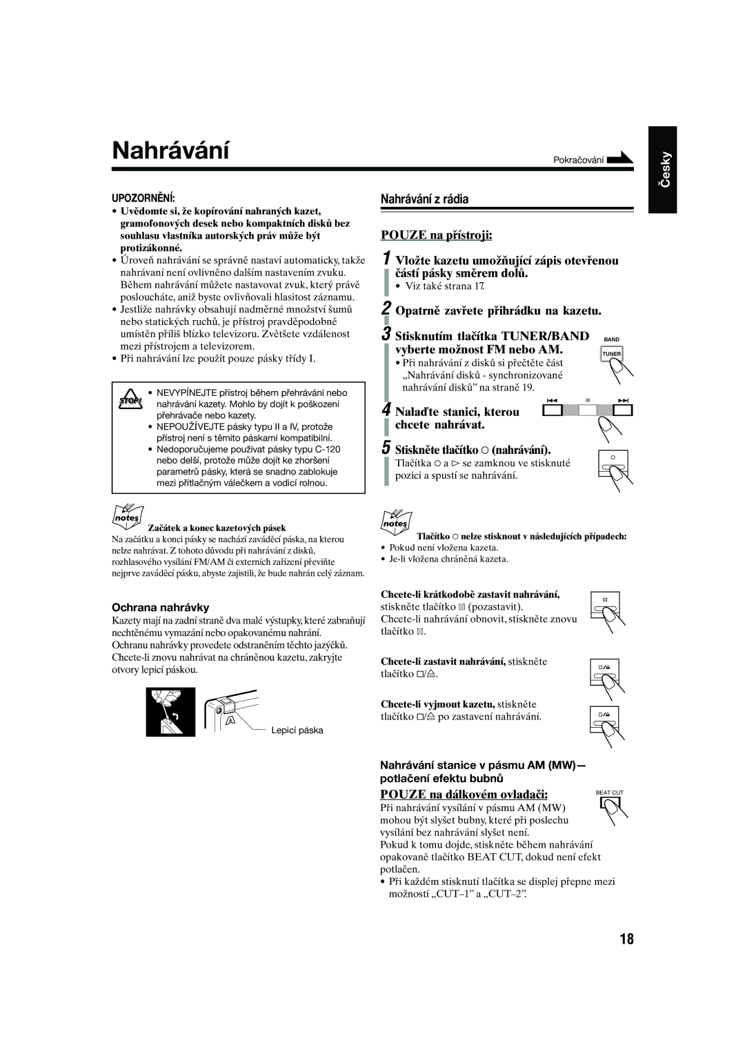 JVC UX-S10 manual Nahrávání z rádia, Ochrana nahrávky, Nahrávání stanice v pásmu AM MW- potlačení efektu bubnů 