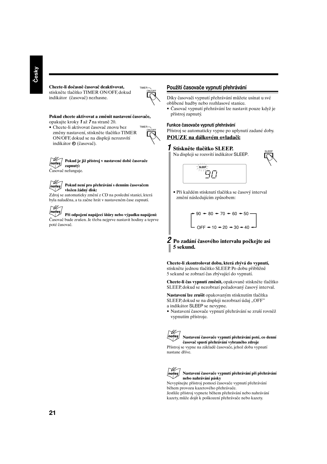 JVC UX-S10 manual Použití časovače vypnutí přehrávání, Pouze na dálkovém ovladači Stiskněte tlačítko Sleep 