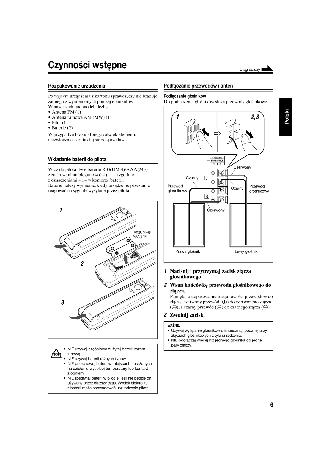 JVC UX-S10 manual Czynności wstępne, Rozpakowanie urządzenia, Wkładanie baterii do pilota, Podłączanie przewodów i anten 