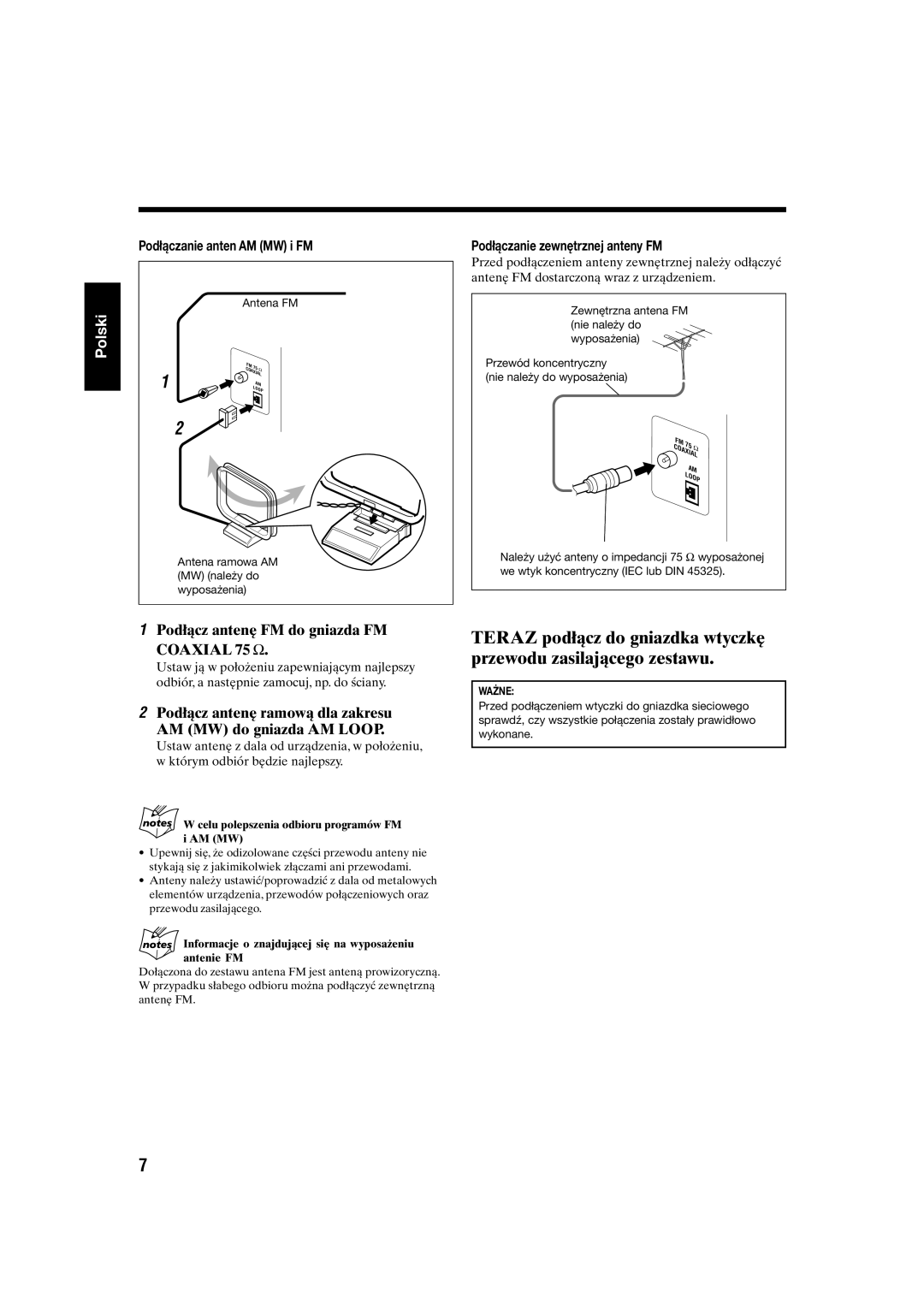 JVC UX-S10 manual Podłącz antenę FM do gniazda FM, Podłącz antenę ramową dla zakresu AM MW do gniazda AM Loop 