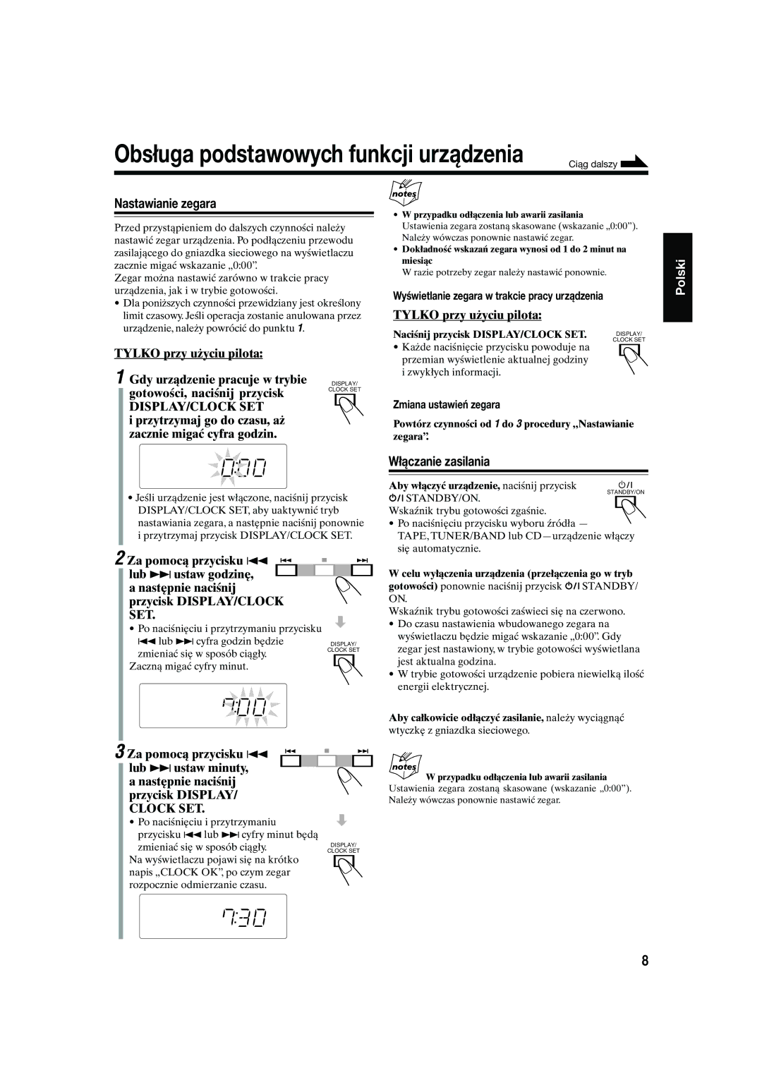 JVC UX-S10 manual Nastawianie zegara, Włączanie zasilania, Tylko przy użyciu pilota 