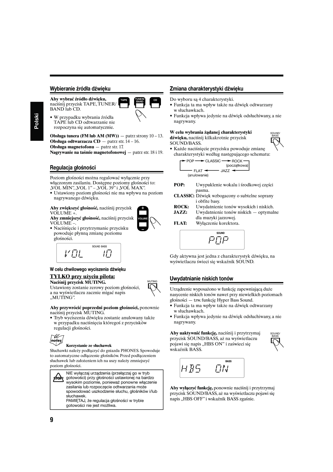 JVC UX-S10 Wybieranie źródła dźwięku, Regulacja głośności, Zmiana charakterystyki dźwięku, Uwydatnianie niskich tonów 