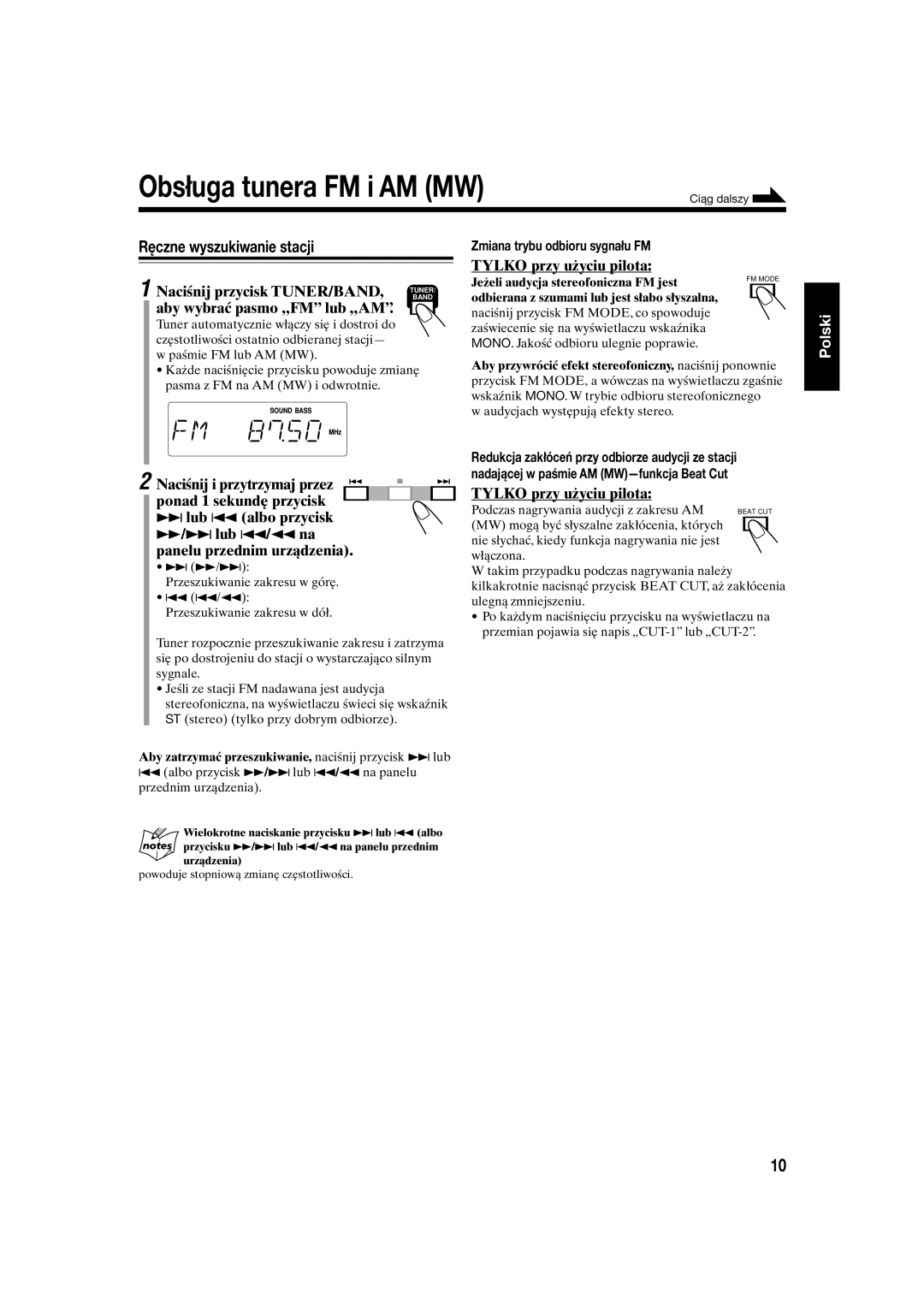 JVC UX-S10 manual Obsługa tunera FM i AM MW, Ręczne wyszukiwanie stacji, Aby wybrać pasmo „FM lub „AM 