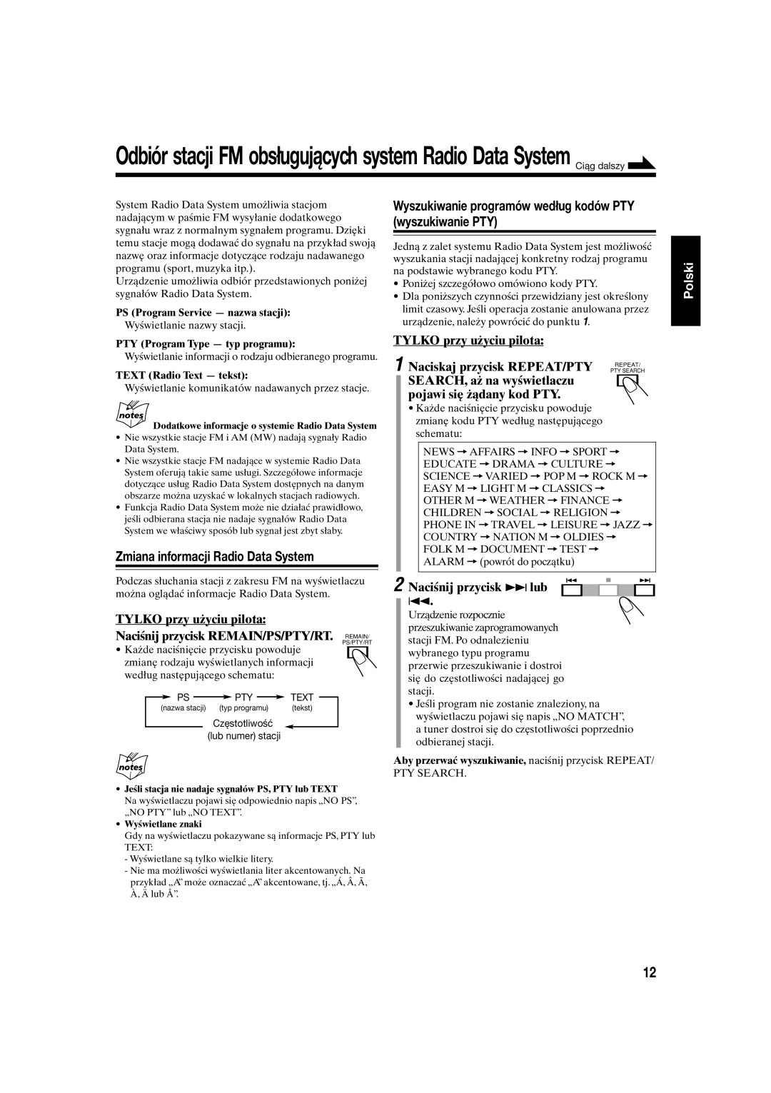 JVC UX-S10 manual Zmiana informacji Radio Data System, Wyszukiwanie programów według kodów PTY wyszukiwanie PTY 