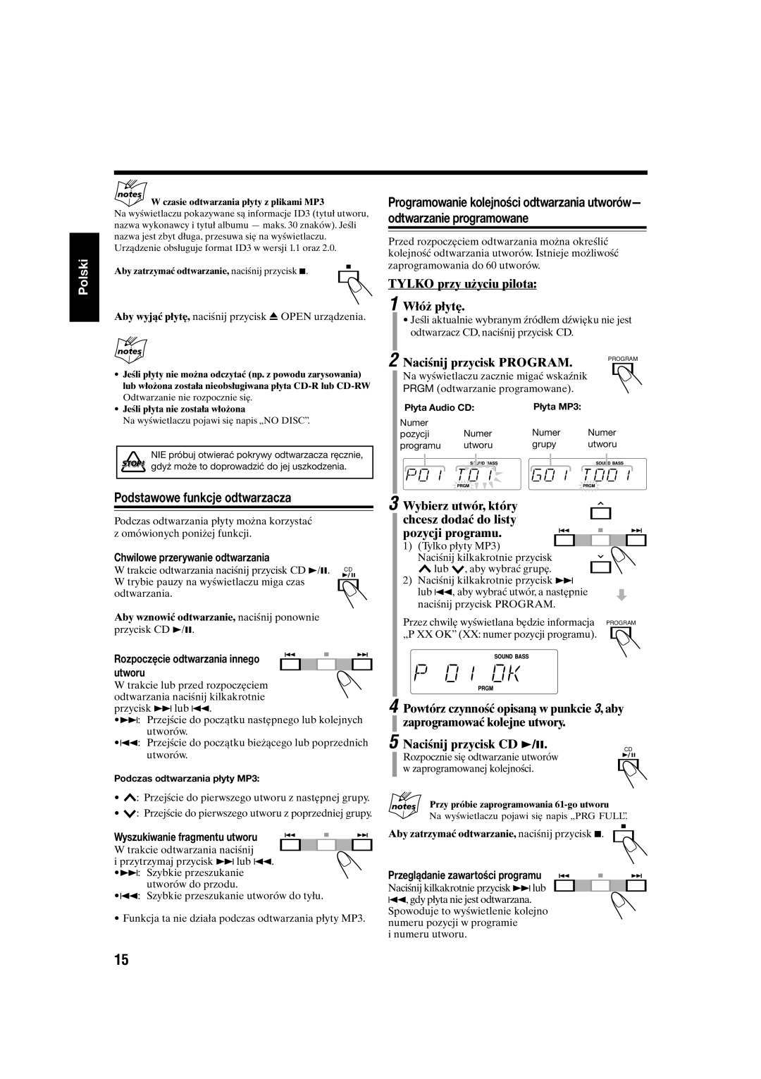 JVC UX-S10 manual Podstawowe funkcje odtwarzacza, Tylko przy użyciu pilota Włóż płytę 