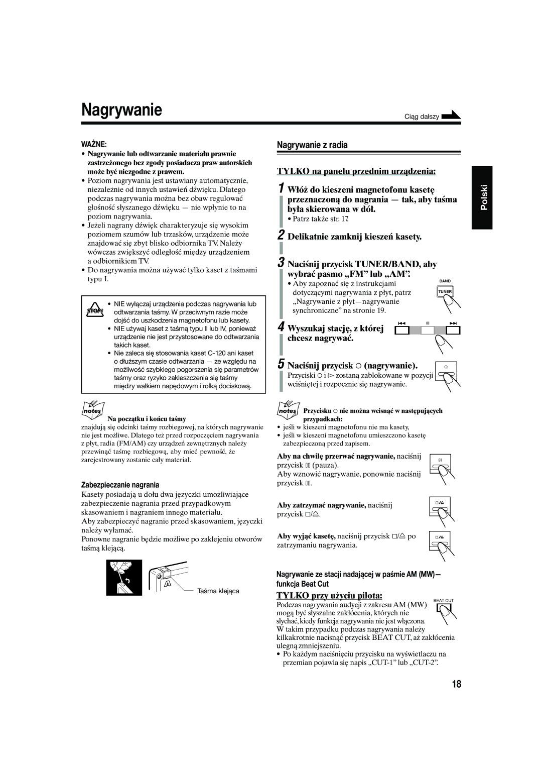 JVC UX-S10 manual Nagrywanie z radia, Zabezpieczanie nagrania, Aby na chwilę przerwać nagrywanie, naciśnij 