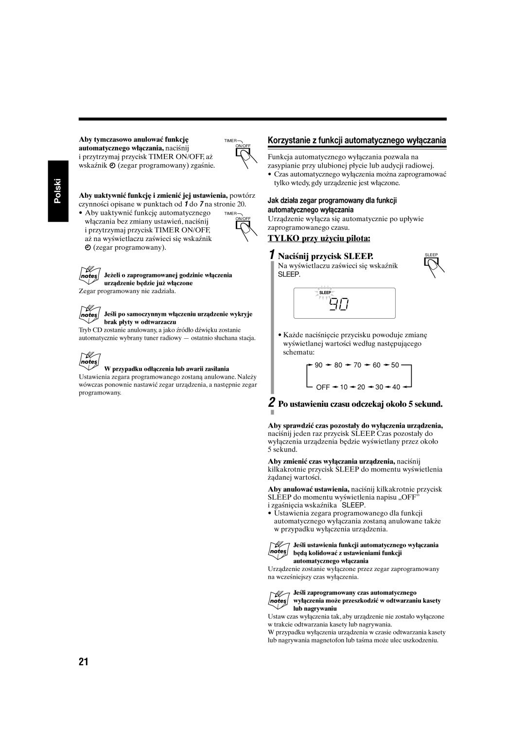 JVC UX-S10 manual Tylko przy użyciu pilota Naciśnij przycisk Sleep, Po ustawieniu czasu odczekaj około 5 sekund 