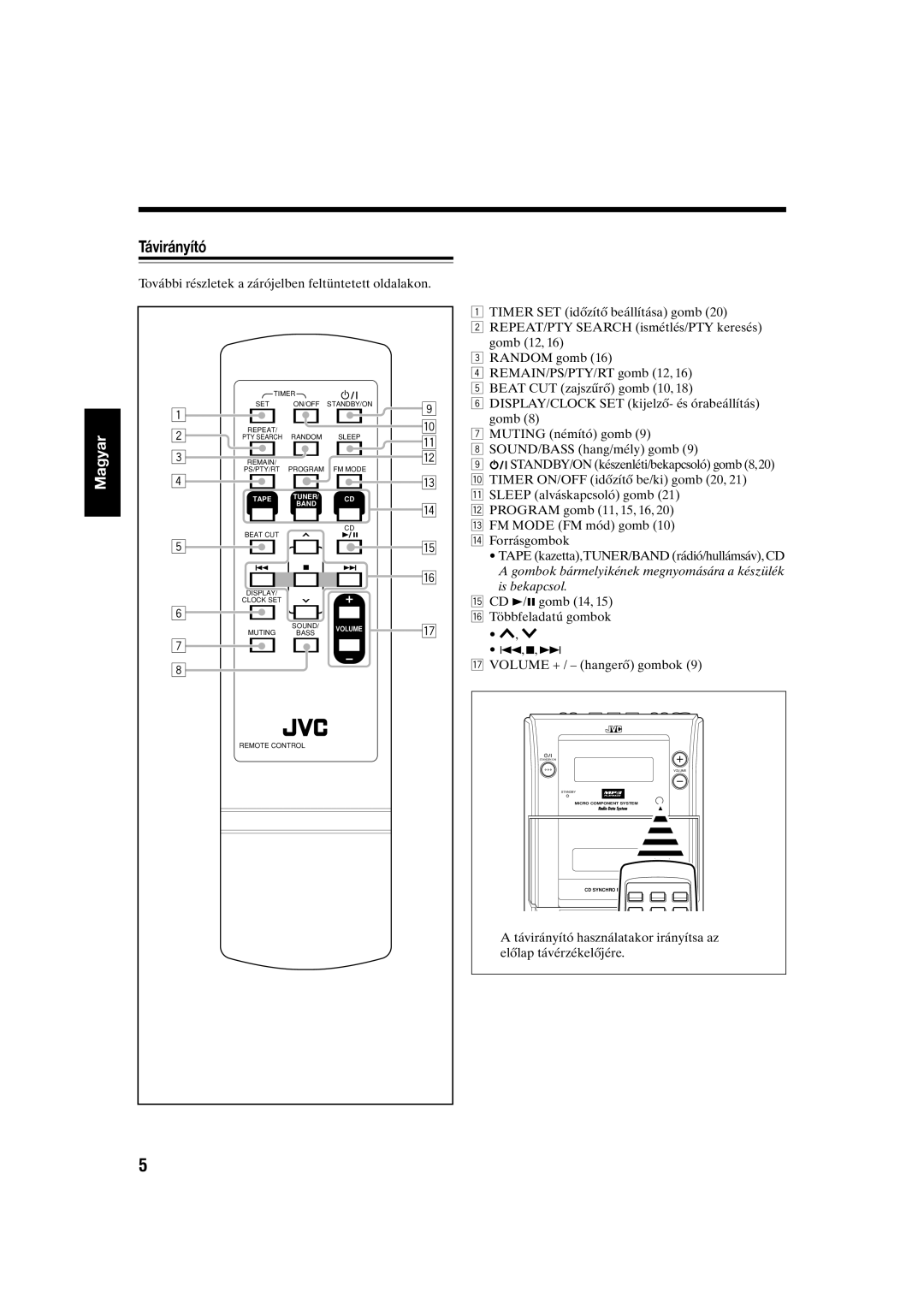 JVC UX-S10 manual Távirányító, Gombok b‡rmelyikŽnek megnyom‡s‡ra a kŽszŸlŽk is bekapcsol 