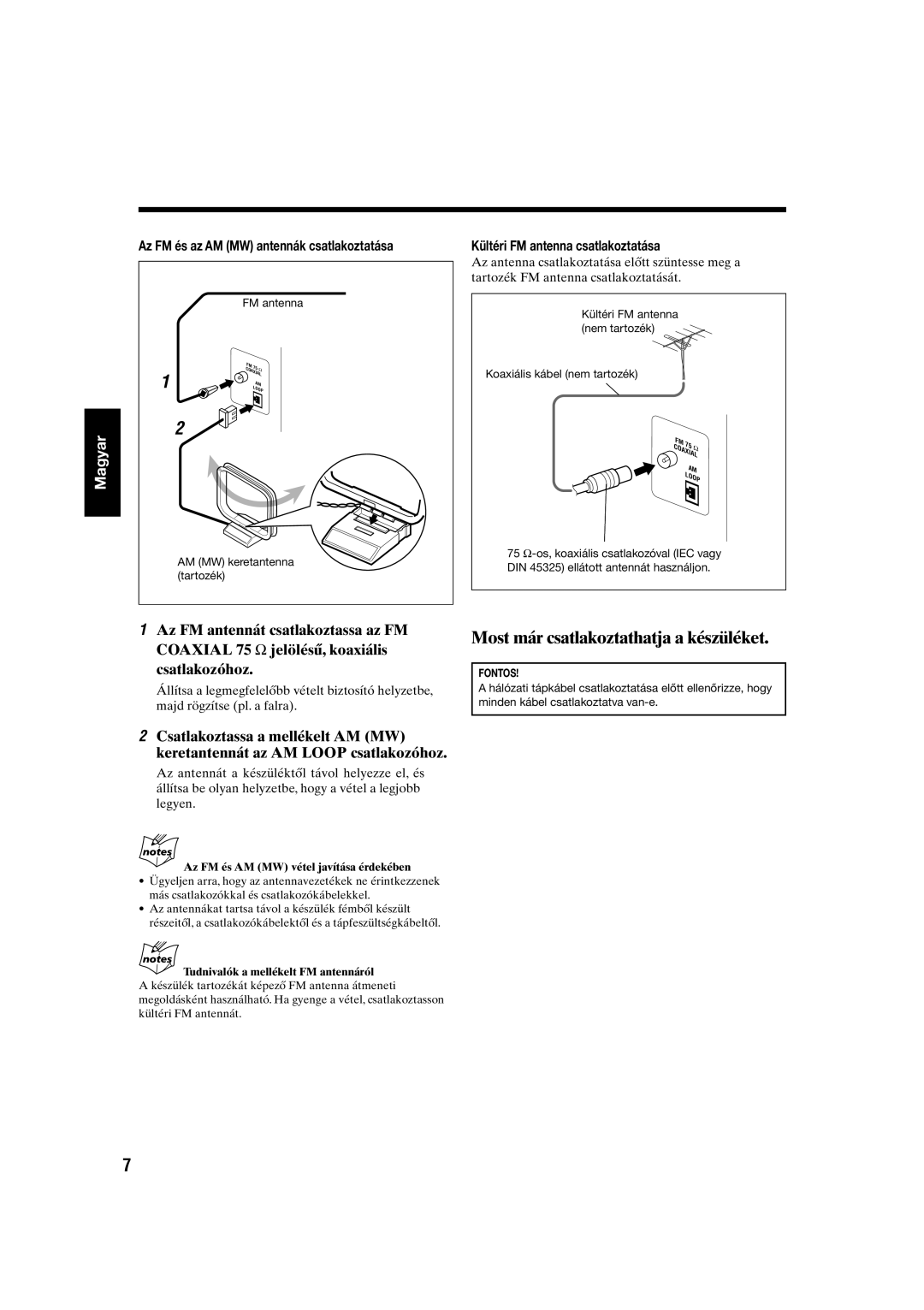 JVC UX-S10 manual Az FM és az AM MW antennák csatlakoztatása, Kültéri FM antenna csatlakoztatása 