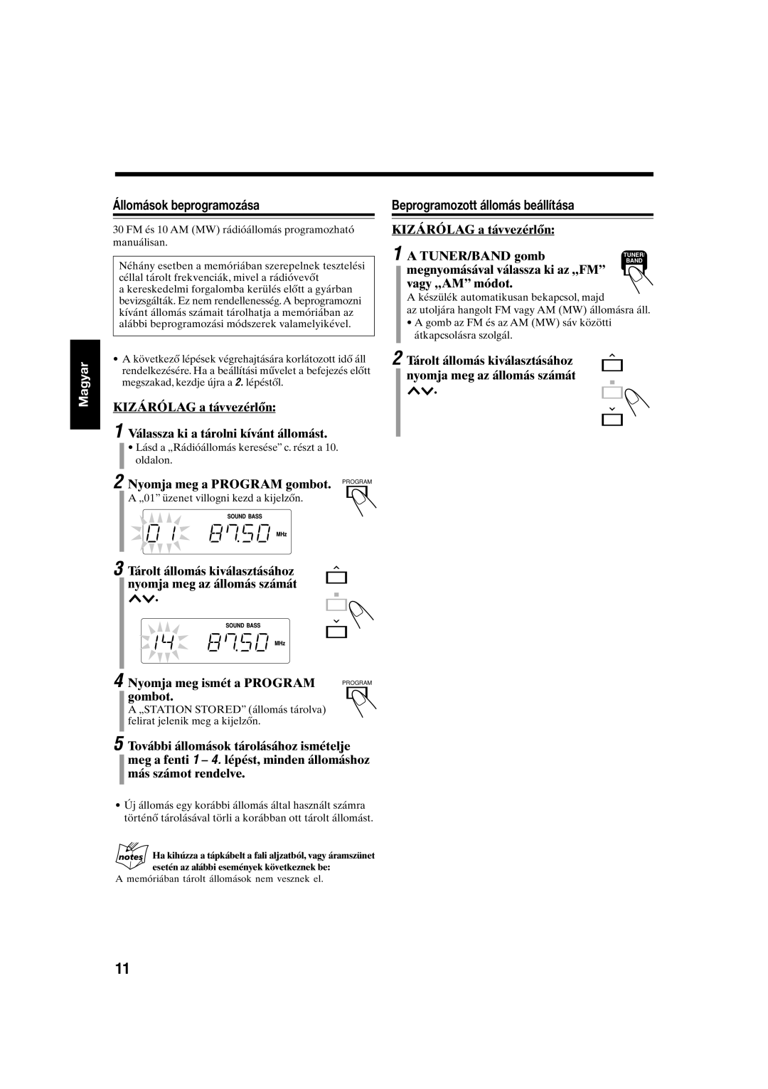 JVC UX-S10 manual Állomások beprogramozása, Beprogramozott állomás beállítása 