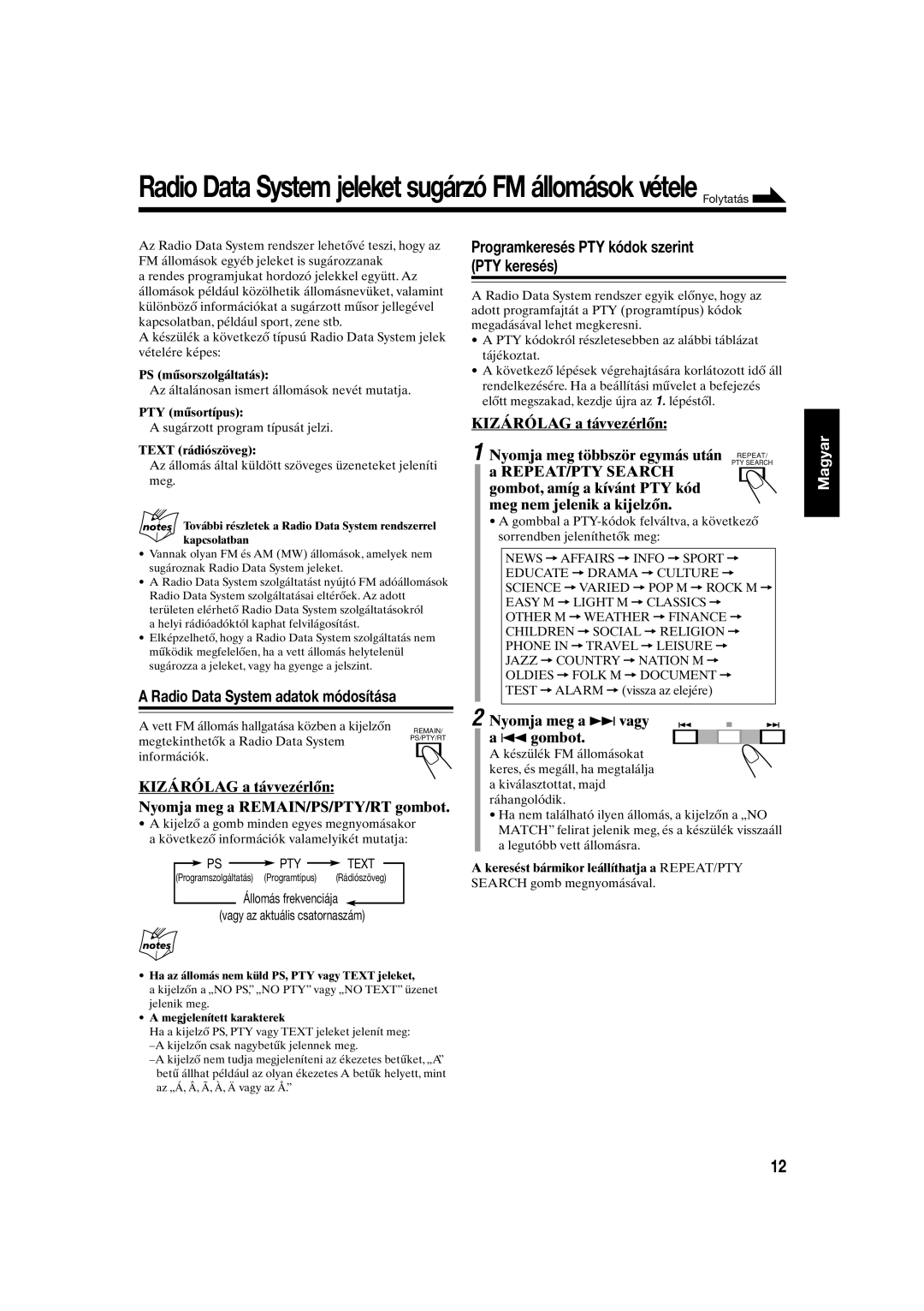 JVC UX-S10 manual Radio Data System adatok m-dos’t‡sa, ProgramkeresŽs PTY k-dok szerint PTY keresŽs 