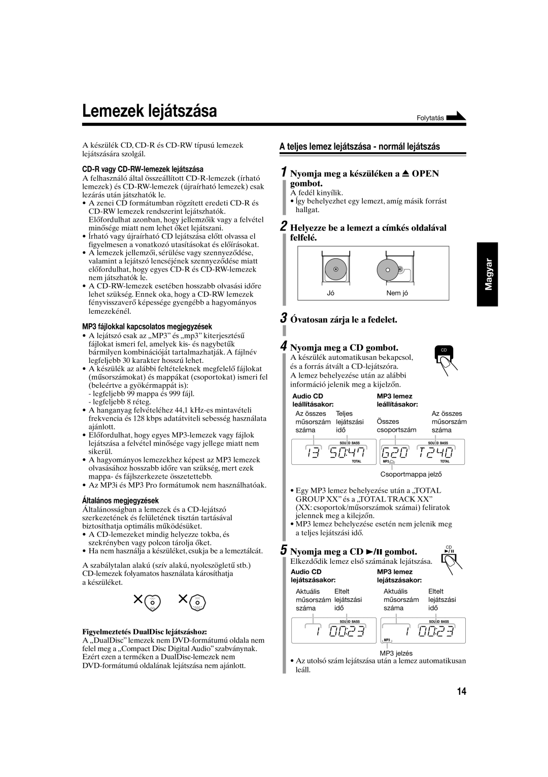 JVC UX-S10 manual Lemezek lejátszása, Teljes lemez lejátszása normál lejátszás 