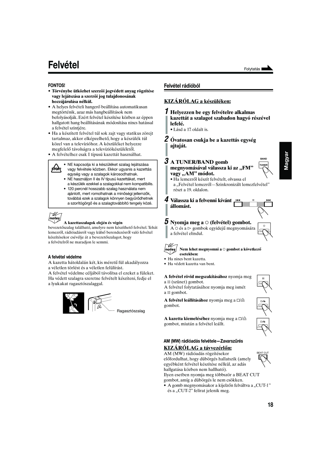 JVC UX-S10 manual Felvétel rádióból, Felvétel védelme, AM MW rádióadás felvétele-Zavarszűrés 