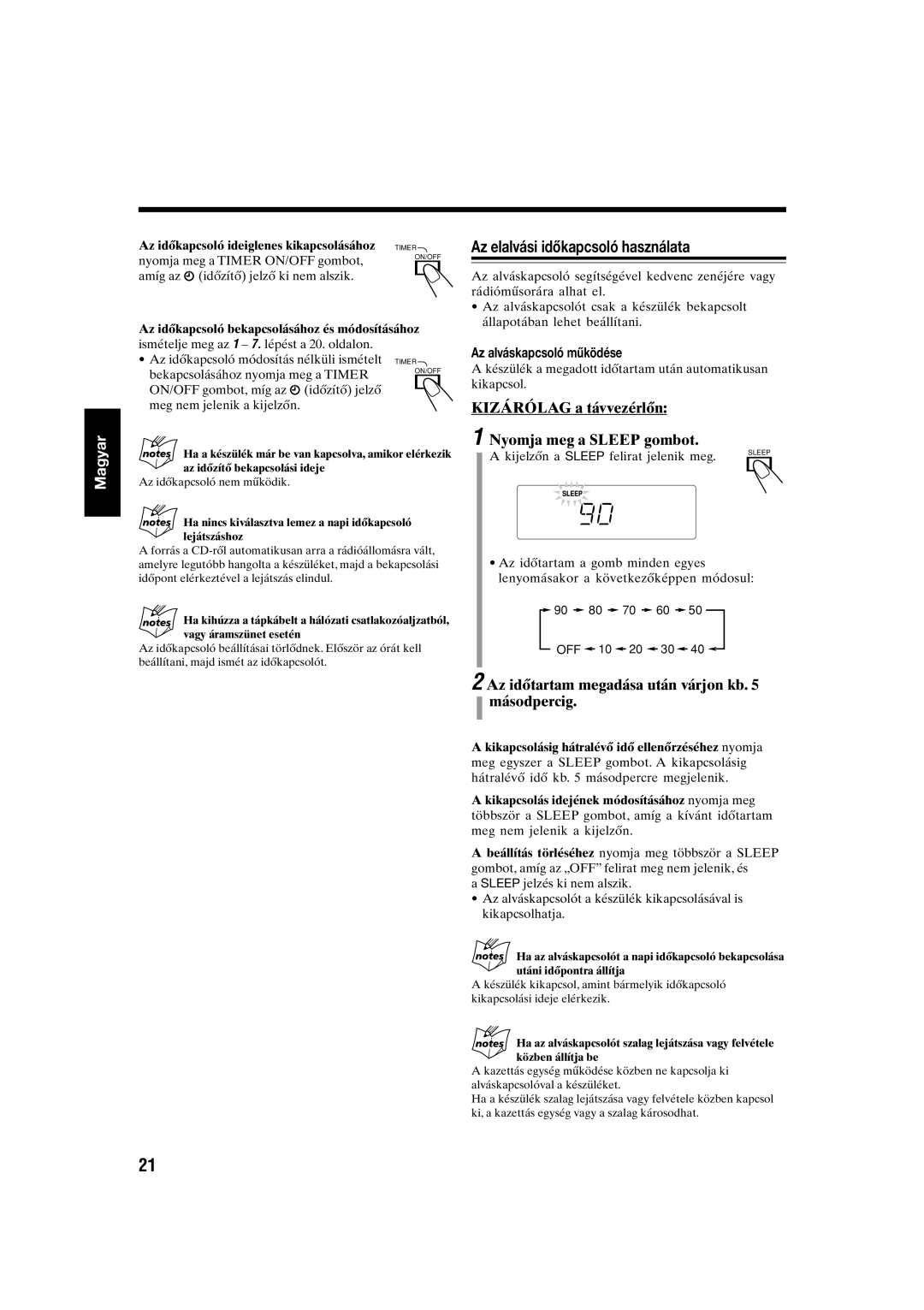 JVC UX-S10 manual Az elalvási időkapcsoló használata, Kizárólag a távvezérlőn Nyomja meg a Sleep gombot 