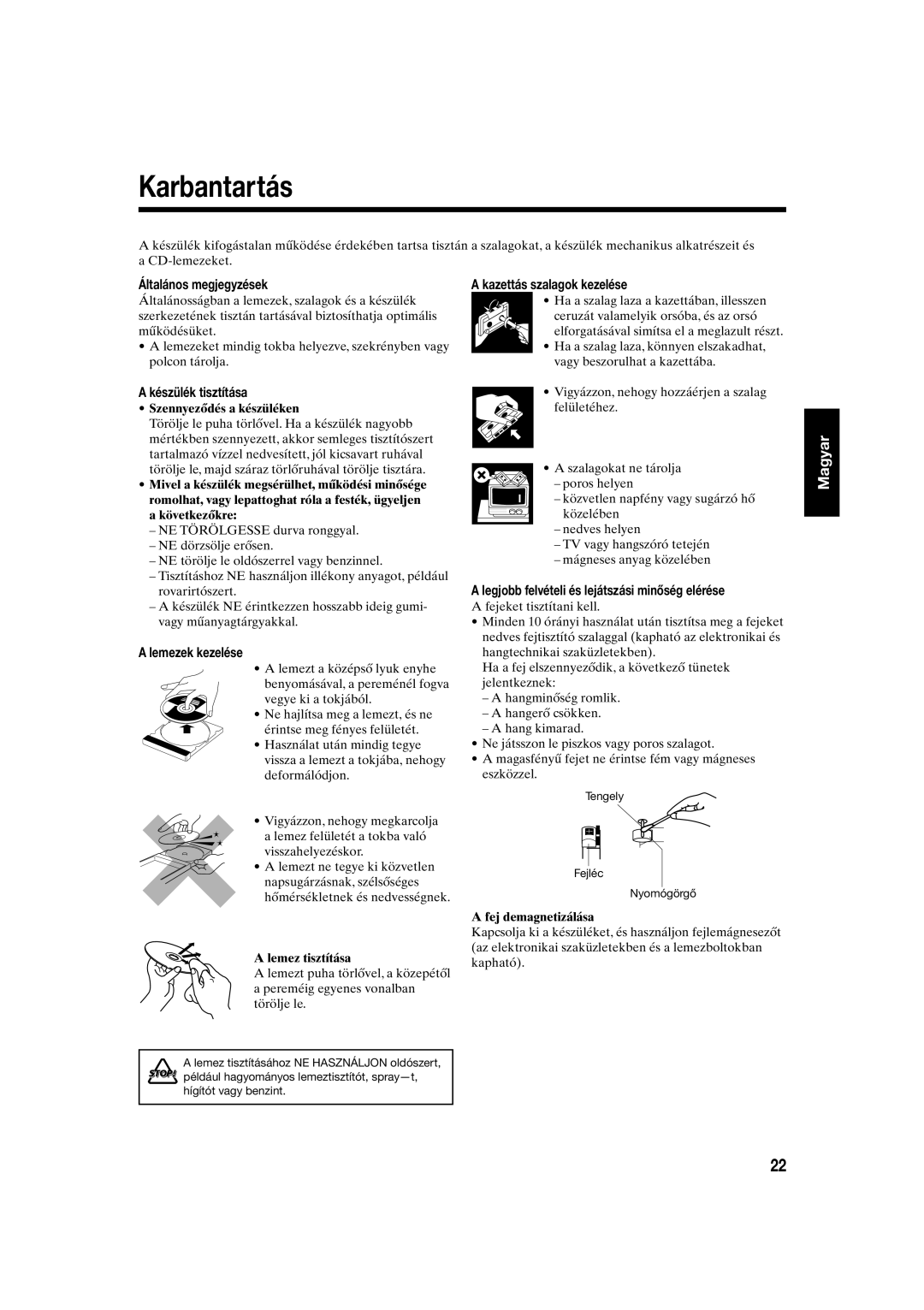 JVC UX-S10 manual Karbantartás, Készülék tisztítása, Lemezek kezelése, Legjobb felvételi és lejátszási minőség elérése 