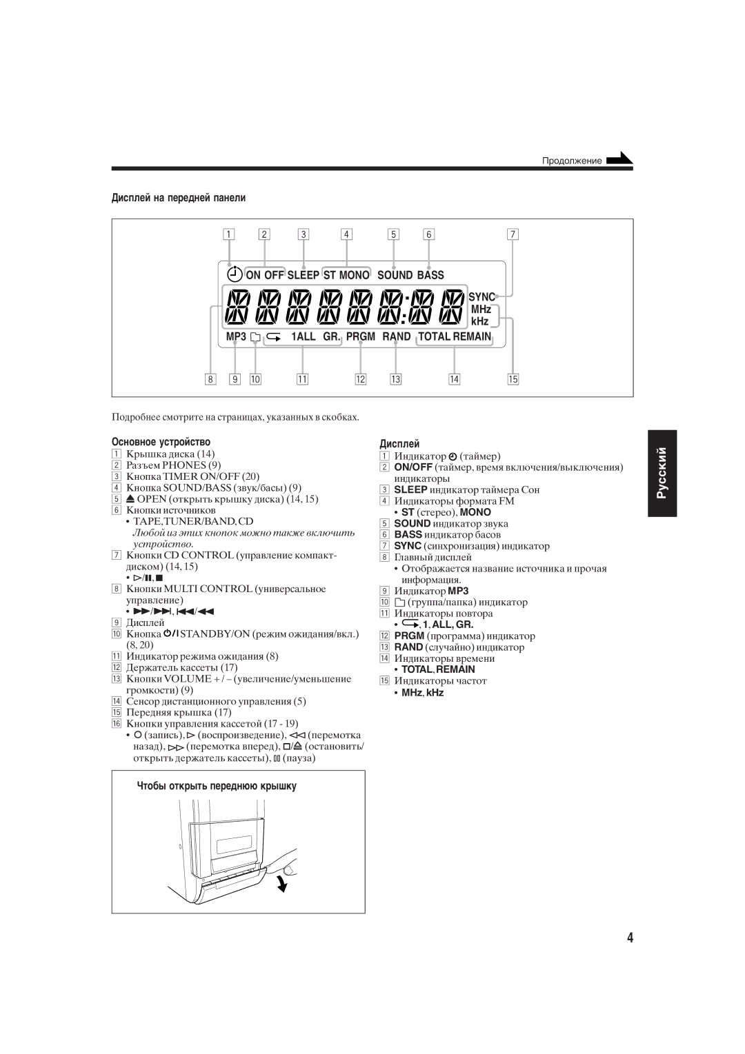 JVC UX-S10 manual Дисплей на передней панели, Основное устройство, Чтобы открыть переднюю крышку 