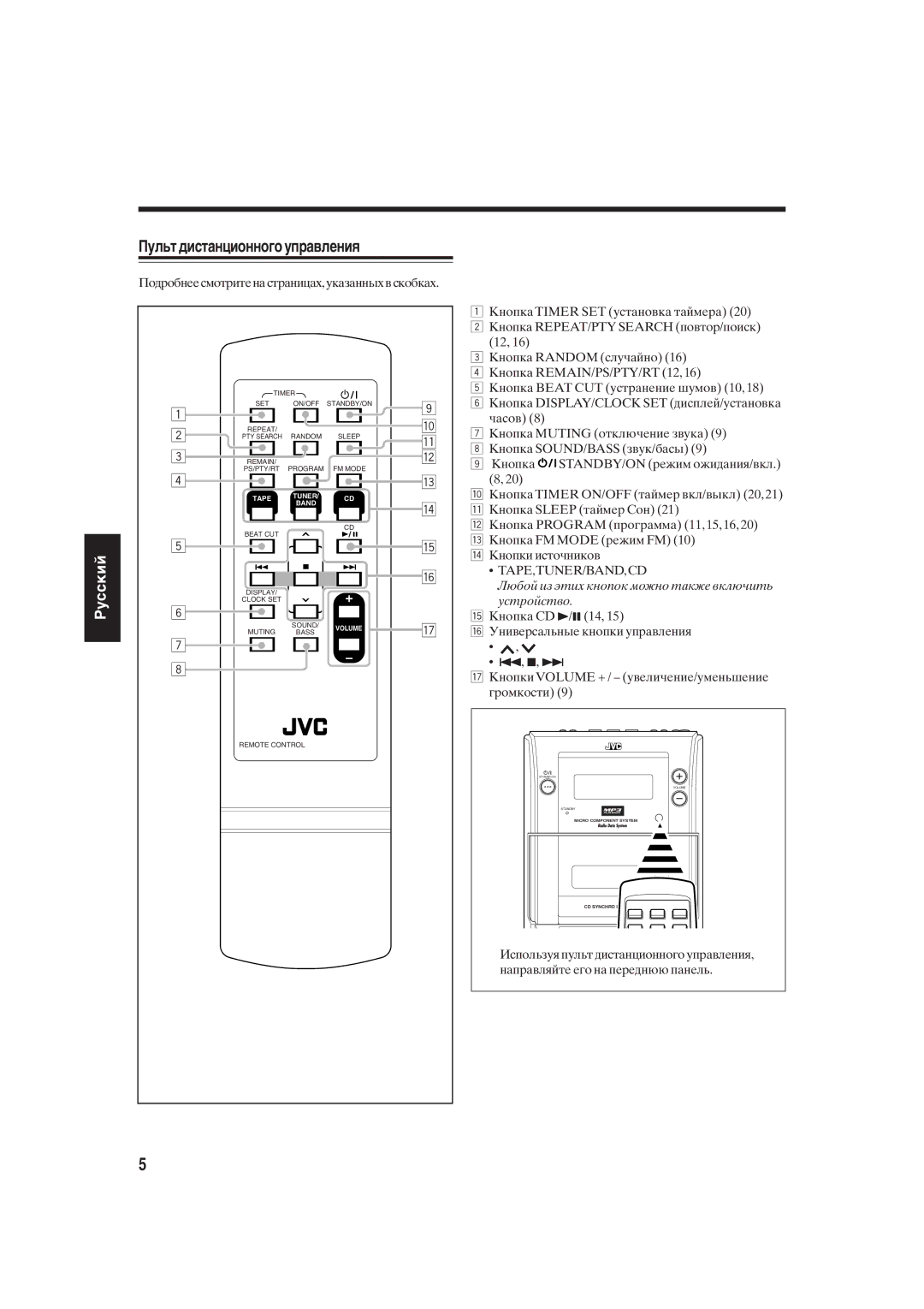 JVC UX-S10 manual Пульт дистанционного управления 